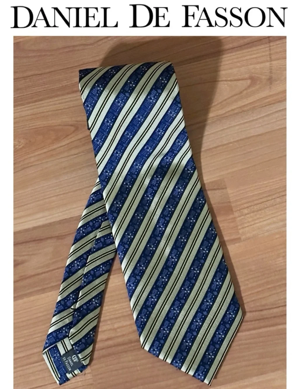 DANIEL DE FASSON 100% Silk Tie Diagonal Stripe Print Blue Sage Green